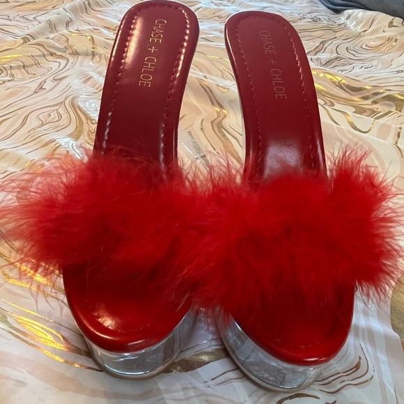 Fuzzy Red Clear Slide On Stiletto Heel Round Open Toe - Picture 2 of 4